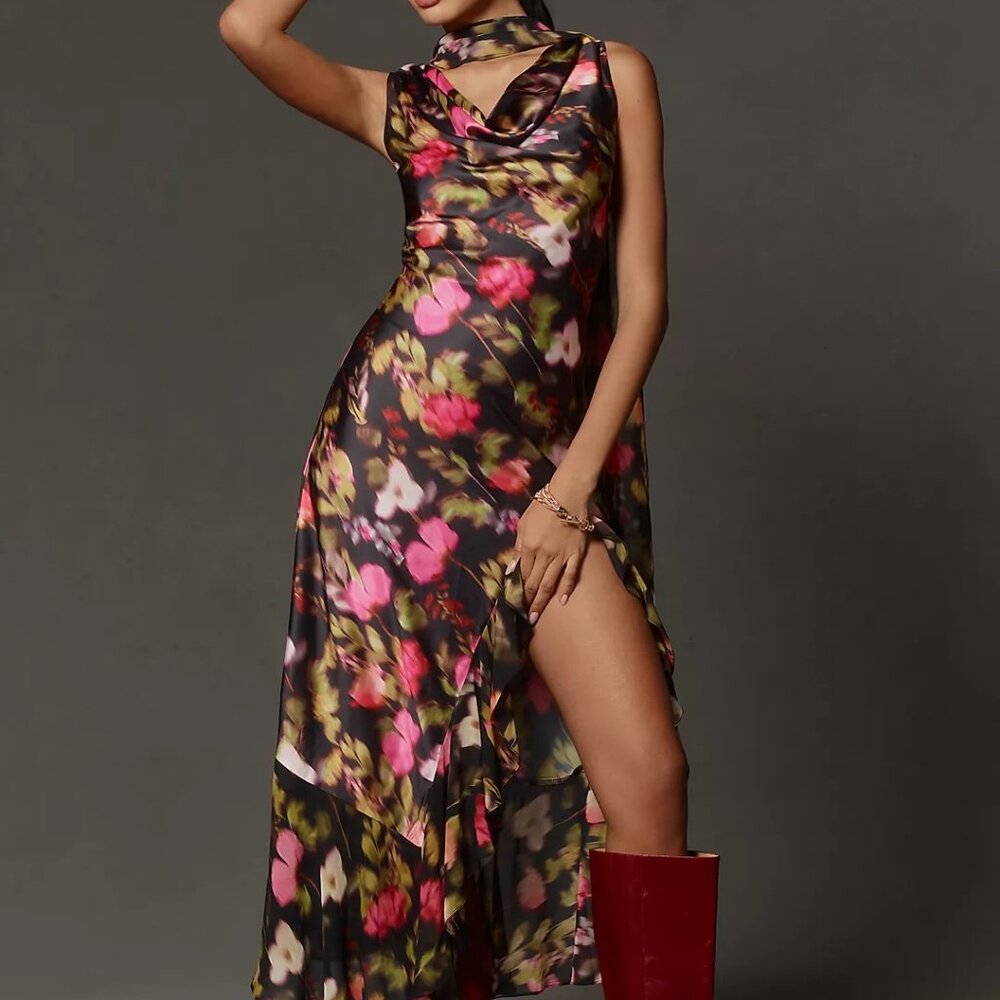 Anthropologie Black Floral Satin Slip Dress with Pink & Green Accents